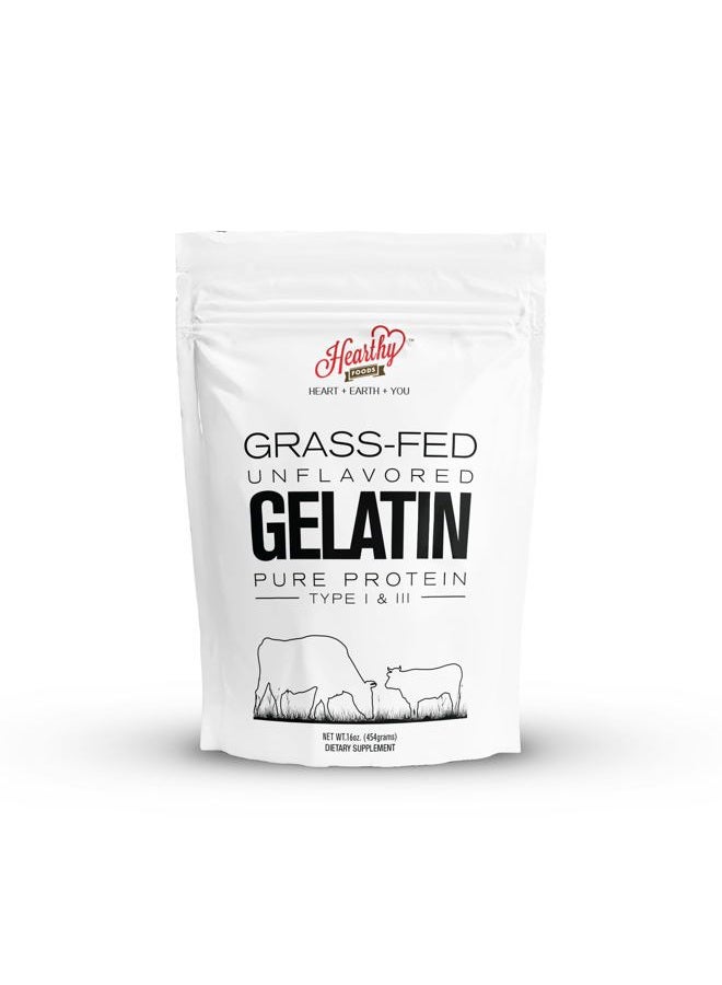 HEARTHY FOODS مسحوق جيلاتين لحم البقر غير المنكه من هارثي فودز للنساء والرجال | بروتين نقي صديق للكيتو والباليو نوع 1 و 3، معتمد حلال من المراعي، غير معدّل وراثيًا، جيلاتين كوشير | 16 أونصة 454 جرام - Image 1